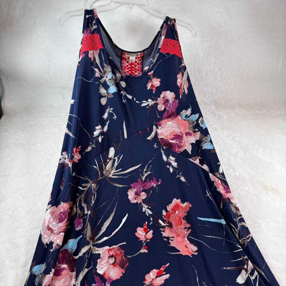 World Unity Womens XL‎ Navy Blue Floral Lace Trim Sleeveless Maxi Dress RN119794